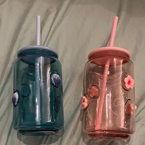 NEW two (2) viral glass tumblers, shells & flowers - pink & blue